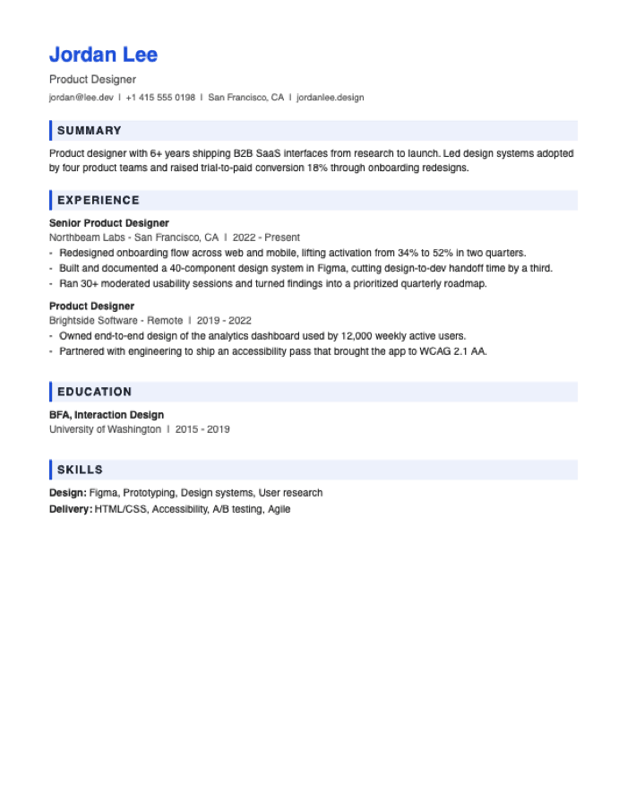 Impact Bands resume template preview