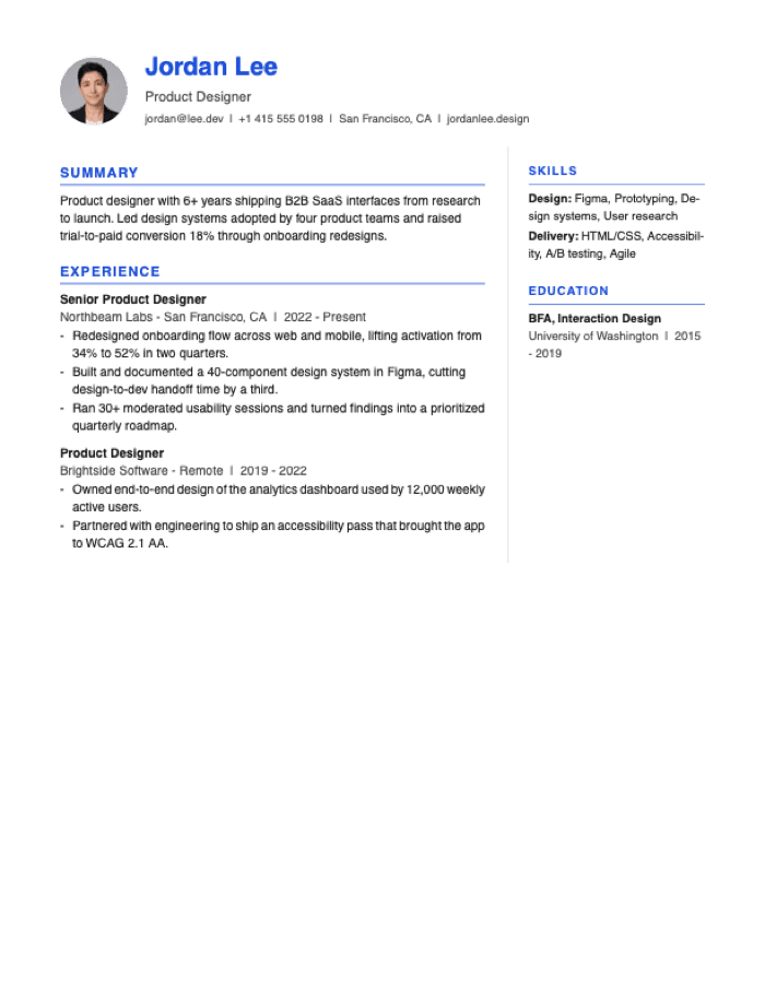 Split resume template preview